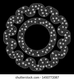 Flare mesh gear with lightspot effect. Abstract illuminated model of gear icon. Shiny wire frame polygonal mesh gear. Vector abstraction on a black background.