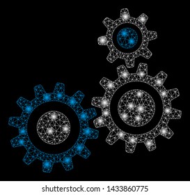 Flare mesh gear mechanism with glare effect. Abstract illuminated model of gear mechanism icon. Shiny wire frame triangular mesh gear mechanism. Vector abstraction on a black background.