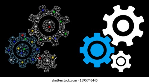 Flare mesh gear mechanism icon with sparkle effect. Abstract illuminated model of gear mechanism. Shiny wire carcass polygonal mesh gear mechanism icon. Vector abstraction on a black background.