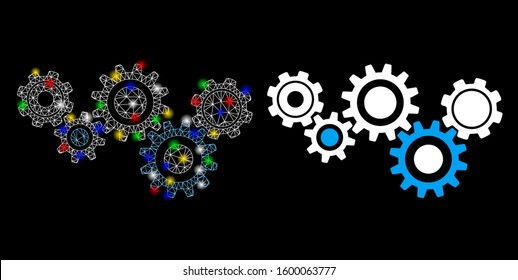 Flare mesh gear mechanism icon with sparkle effect. Abstract illuminated model of gear mechanism. Shiny wire frame triangular mesh gear mechanism icon. Vector abstraction on a black background.