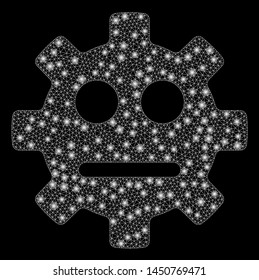 Flare mesh gear pity smiley with sparkle effect. Abstract illuminated model of gear pity smiley icon. Shiny wire frame polygonal network gear pity smiley. Vector abstraction on a black background.