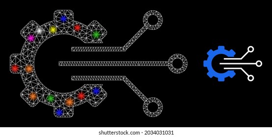 Fare-Mesh-Zahnradsensor-Brillensymbol mit Lichtpunkten. Illuminierte Vektorkonstellation auf der Grundlage eines Zahnradsensorsymbol. Funkelmaschen-Zahnradsensor auf schwarzem Hintergrund.