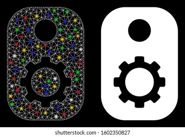 Flare mesh gear tag icon with glitter effect. Abstract illuminated model of gear tag. Shiny wire frame triangular mesh gear tag icon. Vector abstraction on a black background.