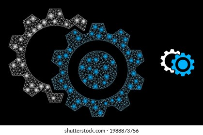 Flare mesh gears with light spots. Vector constellation based on gears icon. Constellation frame mesh gears on a black background.