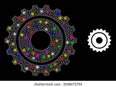 Flare mesh gearwheel constellation icon with light spots. Illuminated vector constellation based on gearwheel icon. Sparkle carcass polygonal gearwheel on a black background.