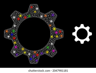 Flare mesh gearwheel constellation icon with light spots. Illuminated vector constellation is created from gearwheel icon. Sparkle carcass polygonal gearwheel on a black background.