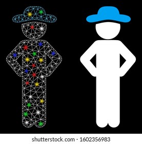 Flare mesh gentleman akimbo icon with sparkle effect. Abstract illuminated model of gentleman akimbo. Shiny wire carcass polygonal mesh gentleman akimbo icon. Vector abstraction on a black background.