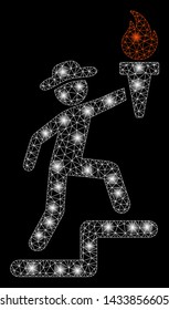 Flare mesh gentleman climbing with torch with lightspot effect. Abstract illuminated model of gentleman climbing with torch icon. Shiny wire frame polygonal mesh gentleman climbing with torch.