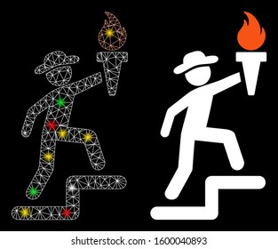 Flare mesh gentleman climbing with torch icon with glare effect. Abstract illuminated model of gentleman climbing with torch. Shiny wire carcass triangular mesh gentleman climbing with torch icon.