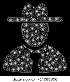 Flare mesh gentleman with glow effect. Abstract illuminated model of gentleman icon. Shiny wire frame triangular mesh gentleman. Vector abstraction on a black background.