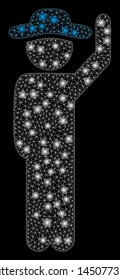 Flare mesh gentleman hello with glitter effect. Abstract illuminated model of gentleman hello icon. Shiny wire frame triangular network gentleman hello. Vector abstraction on a black background.