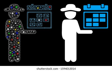 Flare mesh gentleman schedule icon with lightspot effect. Abstract illuminated model of gentleman schedule. Shiny wire carcass polygonal mesh gentleman schedule icon.