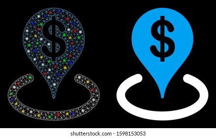 Flare mesh geo targeting icon with glitter effect. Abstract illuminated model of geo targeting. Shiny wire frame polygonal mesh geo targeting icon. Vector abstraction on a black background.