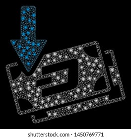 Flare mesh get arrow Dash banknotes with glitter effect. Abstract illuminated model of get arrow Dash banknotes icon. Shiny wire frame polygonal mesh get arrow Dash banknotes.