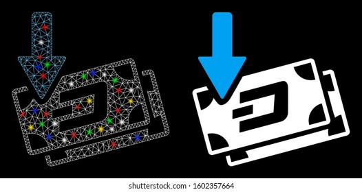 Flare mesh get arrow Dash banknotes icon with lightspot effect. Abstract illuminated model of get arrow Dash banknotes. Shiny wire carcass polygonal mesh get arrow Dash banknotes icon.