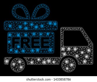 Flare mesh gift delivery car with sparkle effect. Abstract illuminated model of gift delivery car icon. Shiny wire carcass triangular mesh gift delivery car. Vector abstraction on a black background.