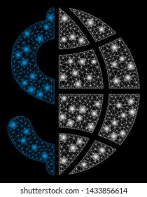 Flare mesh global business with sparkle effect. Abstract illuminated model of global business icon. Shiny wire carcass polygonal mesh global business. Vector abstraction on a black background.