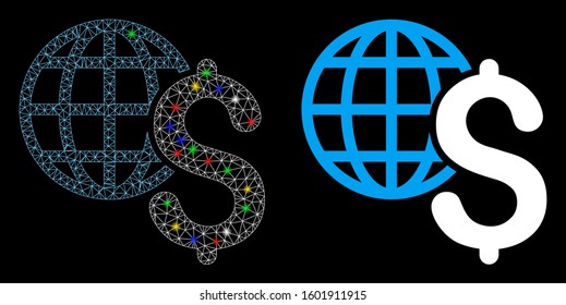 Flare mesh global economics icon with glow effect. Abstract illuminated model of global economics. Shiny wire carcass triangular mesh global economics icon. Vector abstraction on a black background.
