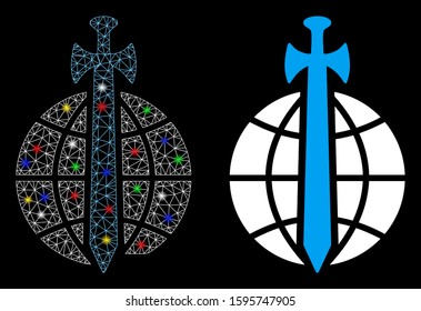 Flare mesh global guard icon with glare effect. Abstract illuminated model of global guard. Shiny wire frame triangular mesh global guard icon. Vector abstraction on a black background.