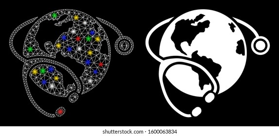 Flare mesh global healthcare stethoscope icon with glare effect. Abstract illuminated model of global healthcare stethoscope. Shiny wire carcass triangular mesh global healthcare stethoscope icon.