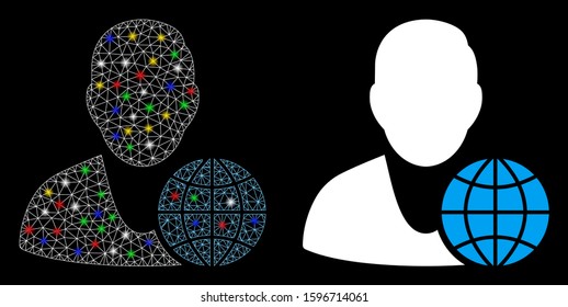 Flare mesh global manager icon with glow effect. Abstract illuminated model of global manager. Shiny wire frame triangular mesh global manager icon. Vector abstraction on a black background.