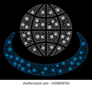 Flare mesh global network with glare effect. Abstract illuminated model of global network icon. Shiny wire carcass polygonal mesh global network. Vector abstraction on a black background.