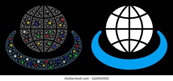 Flare mesh global network icon with lightspot effect. Abstract illuminated model of global network. Shiny wire carcass polygonal mesh global network icon. Vector abstraction on a black background.
