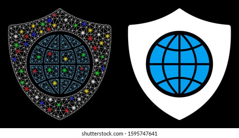 Flare mesh global shield icon with glow effect. Abstract illuminated model of global shield. Shiny wire carcass triangular mesh global shield icon. Vector abstraction on a black background.