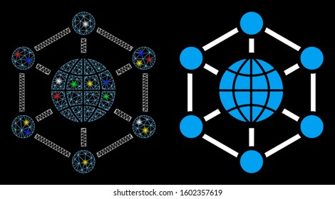 Flare mesh global web icon with glitter effect. Abstract illuminated model of global web. Shiny wire carcass polygonal mesh global web icon. Vector abstraction on a black background.