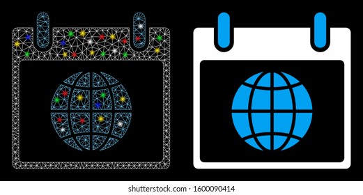 Flare mesh globe calendar day icon with glow effect. Abstract illuminated model of globe calendar day. Shiny wire frame polygonal mesh globe calendar day icon.