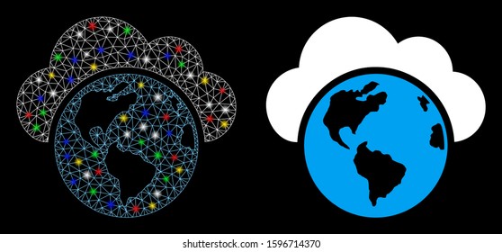 Flare mesh globe icon with glow effect. Abstract illuminated model of globe. Shiny wire carcass polygonal mesh globe icon. Vector abstraction on a black background.