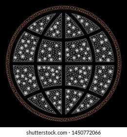 Flare mesh globe with lightspot effect. Abstract illuminated model of globe icon. Shiny wire frame triangular mesh globe. Vector abstraction on a black background.