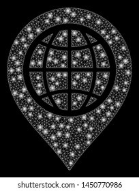 Flare mesh globe map marker with glitter effect. Abstract illuminated model of globe map marker icon. Shiny wire carcass triangular mesh globe map marker. Vector abstraction on a black background.