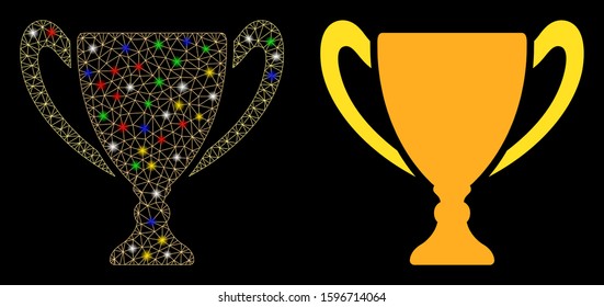 Flare mesh goblet cup icon with sparkle effect. Abstract illuminated model of goblet cup. Shiny wire carcass triangular mesh goblet cup icon. Vector abstraction on a black background.
