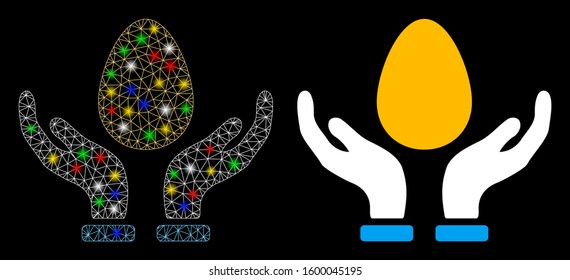Flare mesh gold egg care hands icon with sparkle effect. Abstract illuminated model of gold egg care hands. Shiny wire carcass polygonal mesh gold egg care hands icon.