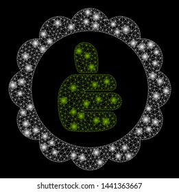 Flare mesh good mark with glare effect. Abstract illuminated model of good mark icon. Shiny wire carcass triangular mesh good mark. Vector abstraction on a black background.