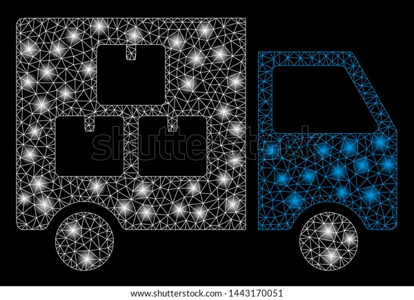 Flare\
mesh goods transportation car with glare effect. Abstract\
illuminated model of goods transportation car icon. Shiny wire\
frame triangular mesh goods transportation\
car.