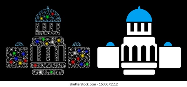 Flare mesh government buildings icon with glare effect. Abstract illuminated model of government buildings. Shiny wire frame triangular network government buildings icon.