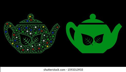 Flare mesh green tea teapot icon with glitter effect. Abstract illuminated model of green tea teapot. Shiny wire frame triangular mesh green tea teapot icon. Vector abstraction on a black background.
