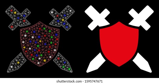 Flare mesh guard shield icon with glow effect. Abstract illuminated model of guard shield. Shiny wire frame polygonal mesh guard shield icon. Vector abstraction on a black background.