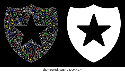 Flare mesh guard shield icon with glitter effect. Abstract illuminated model of guard shield. Shiny wire carcass polygonal mesh guard shield icon. Vector abstraction on a black background.