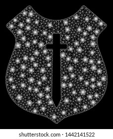 Flare mesh guard shield with lightspot effect. Abstract illuminated model of guard shield icon. Shiny wire frame triangular mesh guard shield. Vector abstraction on a black background.