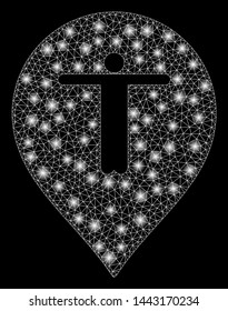 Flare mesh guest marker with glare effect. Abstract illuminated model of guest marker icon. Shiny wire carcass triangular network guest marker. Vector abstraction on a black background.