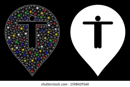 Flare mesh guest marker icon with glare effect. Abstract illuminated model of guest marker. Shiny wire carcass triangular mesh guest marker icon. Vector abstraction on a black background.