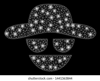 Flare mesh hacker with glare effect. Abstract illuminated model of hacker icon. Shiny wire frame polygonal mesh hacker. Vector abstraction on a black background.