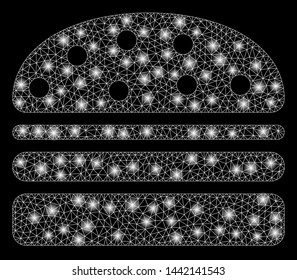Flare mesh hamburger with sparkle effect. Abstract illuminated model of hamburger icon. Shiny wire frame polygonal mesh hamburger. Vector abstraction on a black background.