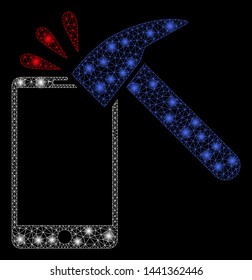 Flare mesh hammer break smartphone with sparkle effect. Abstract illuminated model of hammer break smartphone icon. Shiny wire frame triangular mesh hammer break smartphone.