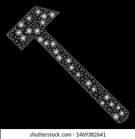 Flare mesh hammer with glare effect. Abstract illuminated model of hammer icon. Shiny wire carcass triangular network hammer. Vector abstraction on a black background.
