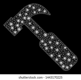 Flare mesh hammer with sparkle effect. Abstract illuminated model of hammer icon. Shiny wire carcass polygonal mesh hammer. Vector abstraction on a black background.