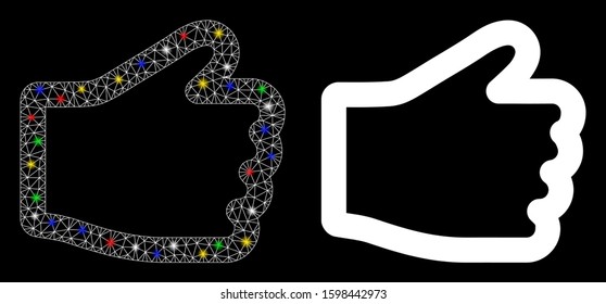 Flare mesh hand icon with lightspot effect. Abstract illuminated model of hand. Shiny wire frame triangular mesh hand icon. Vector abstraction on a black background.